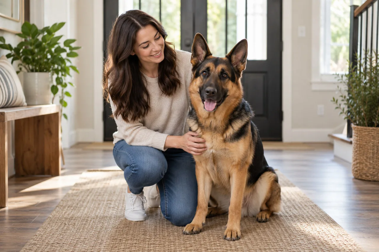 Owner seated with a large dog near an open doorway