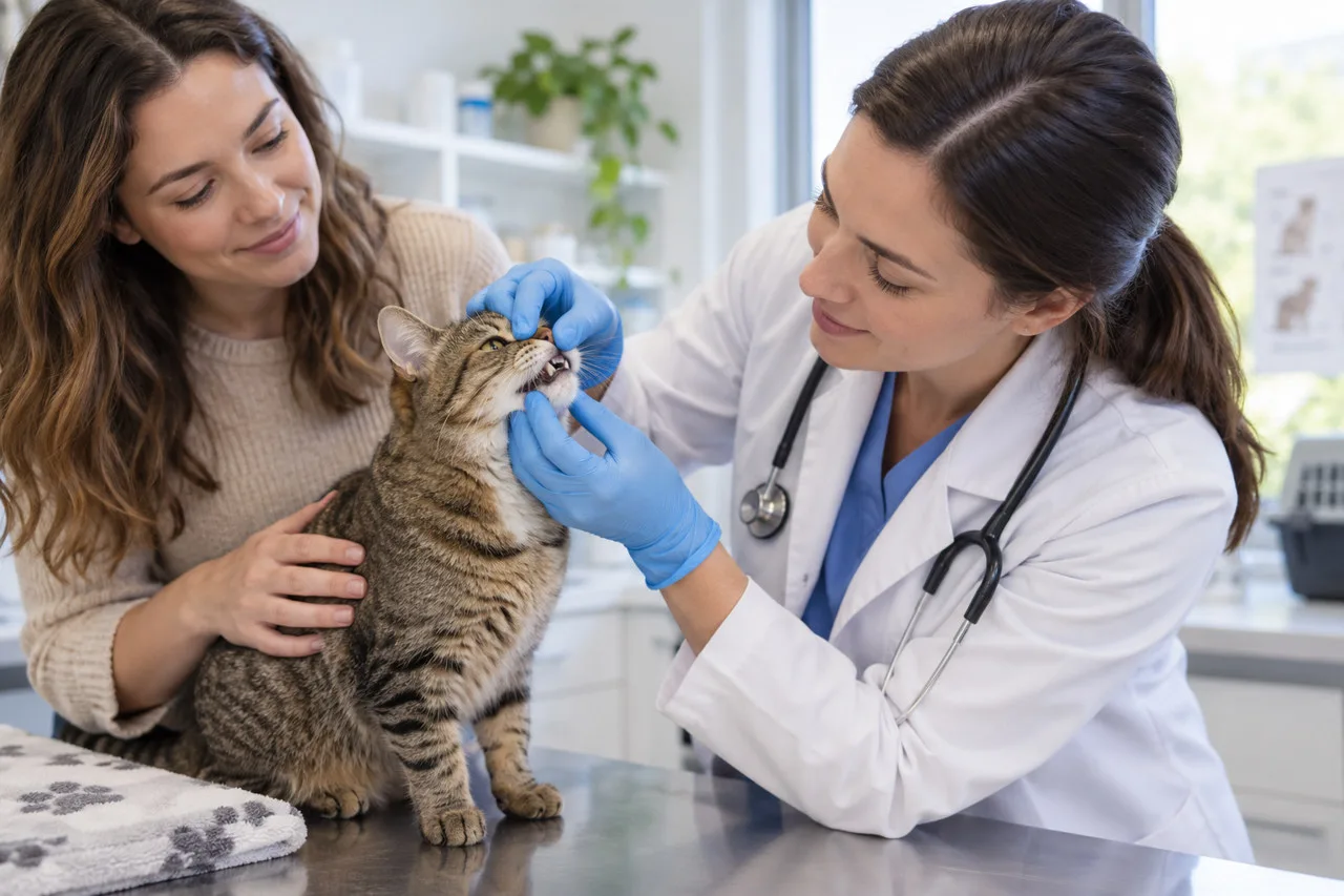 Veterinarian examining a cat beside its owner